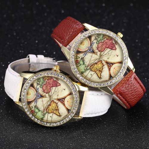 OHP Montre à bracelet Strass cuir PU analogique analogique carte du monde - brun .