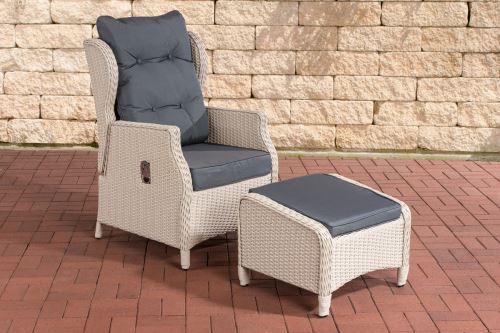 Fauteuil de jardin Breno 5 mm avec pouf repose-pieds - Polyrotin Blanc perle - Coussins Gris fonte