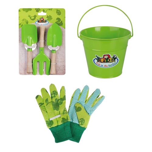 Kids In The Garden - Kit petit jardinier accessoires pour enfant en métal Seau + gants + petits outils