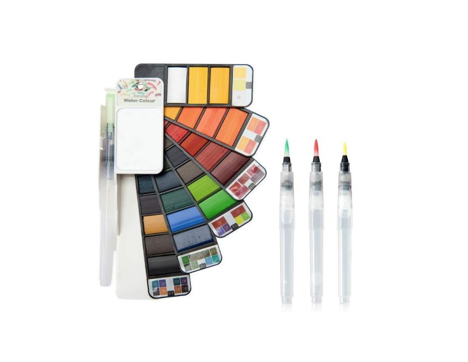 Kit Aquarelle De Poche En Bois - 18 Couleurs, 2 Pinceaux, Carnet De Croquis, Clip (bois De Noyer, 6x3 Cm Plié)