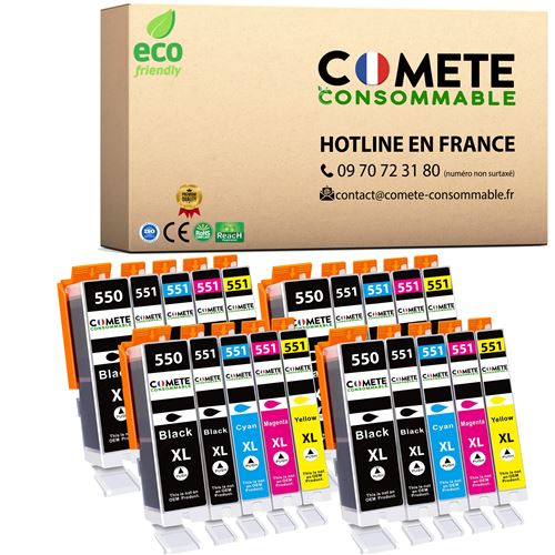 COMETE CONSOMMABLE 550 551 XL - Pack de 20 Cartouches d'encre compatibles avec CANON PGI-550 CLI-551 XL PGI550 CLI551 XL 550XL 551XL 8 Noir + 4 Cyan + 4 Magenta + 4 Jaune