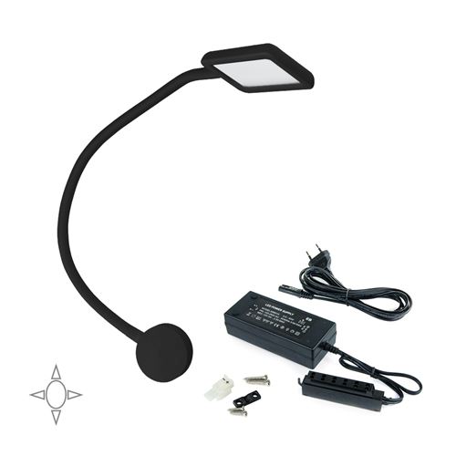 Emuca Applique LED, carré, col de cygne flexible, détecteur tactile, 2 USB, Lumière blanc naturel, Plastique, Noir + convertisseur 30 W