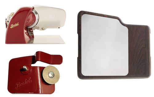 Berkel - Home Line 200 Rouge + Planche à Découper Inoxydable, Bois + Affûteur d'accessoires pour Home Line