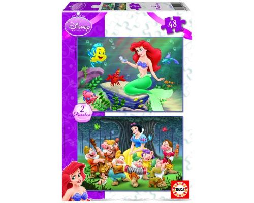 Puzzle 48 Pièces : 2 Puzzles - Princesses Disney : Arielle et Blanche neige, Educa