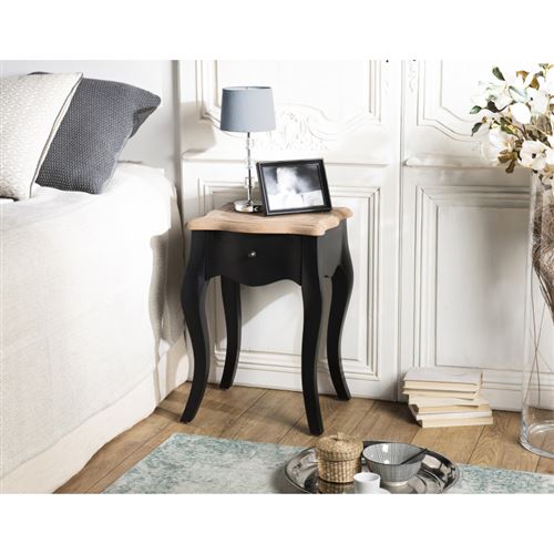Chevet bois 1 tiroir noir et plateau pin vieilli