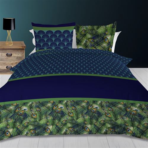 Parure housse de couette 240x220 cm en coton 57 Fils PAON bleu, par Soleil d'ocre