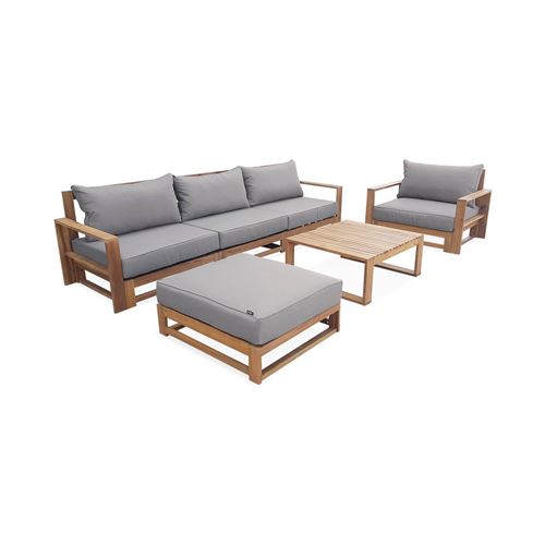 Sweeek Salon de jardin en bois 5 places - Mendoza - Coussins gris canapé fauteuils et table basse en acacia 6 éléments modulables design
