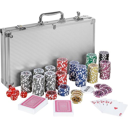 Gamesplanet® Coffret de Poker Ultime - 300 jetons lasers 12 g avec insert en métal - 2 jeux de cartes - 5 dés - 1 jeton dealer - Mallette en aluminium