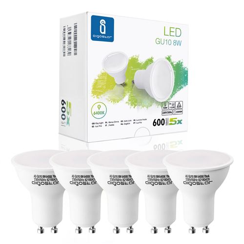 Aigostar - Lot de 5 ampoules LED GU10, 8W. Lumière blanche froide 6400K, 600 lm. Non dimmable. A+