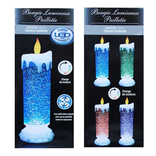 Grande Bougie Lumineuse Paillete Change De Couleur Led Chandelle 24 Cm Deco