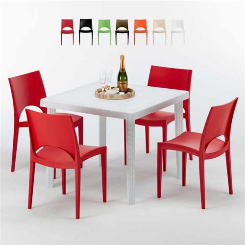 Table Carrée Blanche 90x90cm Avec 4 Chaises Colorées Grand Soleil Set Extérieur Bar Café PARIS LOVE, Couleur: Rouge