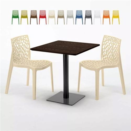 Table carrée 70x70 plateau effet bois avec 2 chaises colorées Gruvyer Melon, Couleur: Beige