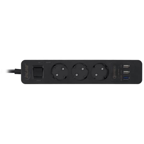 Barrette d'alimentation InLine® 3 ports avec USB QC, 3x type F allemand avec interrupteur et sécurité enfants noir 1,5 m
