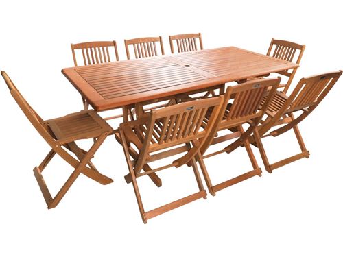 Salon de jardin bois exotique Hongkong - Table fixe + 8 chaises pliantes