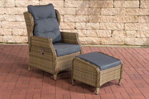 Fauteuil de jardin Breno 5 mm avec pouf repose-pieds - Polyrotin Nature - Coussins Gris fonte