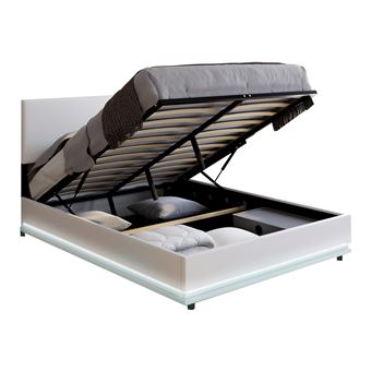 Lit coffre double OWEN avec LED intégrées + tête de lit et sommier 140 x 190 cm PVC blanc - 1
