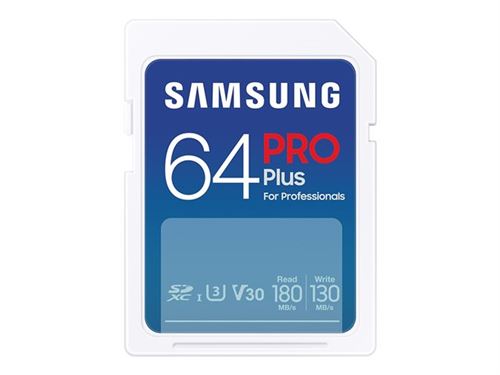 Samsung PRO Plus MB-SD64S - Carte mémoire flash - 64 Go - Video Class V30 / UHS-I U3 / Class10 - SDXC UHS-I - blanc