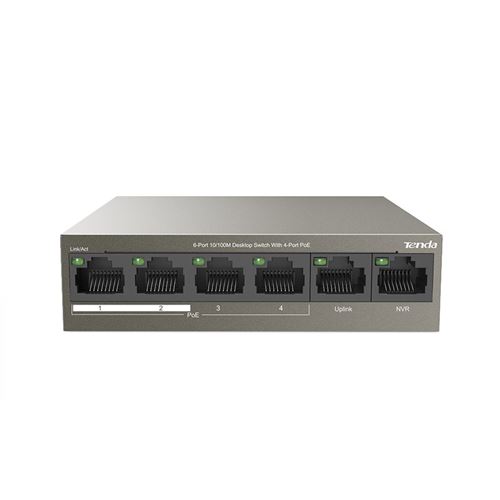 Switch de bureau 6 ports 10/100M, Tenda TEF1106P-4-63W, 4 ports PoE, 2 ports de liaison montante, Transmission 250 m,conception QoS