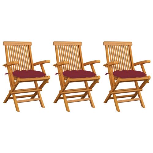vidaXL Chaises de jardin avec coussins rouge bordeaux 3pcs Teck massif