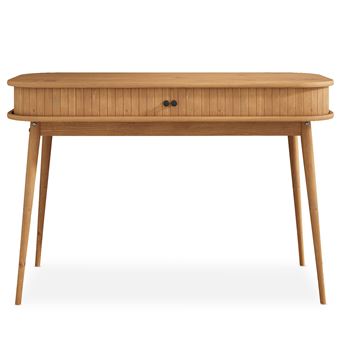 Bureau JARI en bois massif coloris chêne, 113 x 75 x 50 cm, façade cannelée, rangement avec porte coullisante - 1