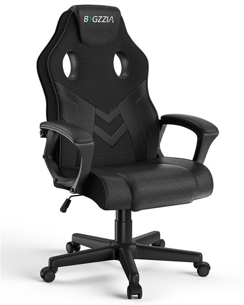 Fauteuil de bureau ergonomique BIGZZIA - en Cuir PU & Maille Respirante - avec Appui-tête - Hauteur Réglable - Noir