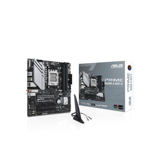 ASUS PRIME B650M-A WIFI II - Carte-mère - micro ATX - Socket AM5 - AMD B650 Chipset - USB 3.2 Gen 1, USB 3.2 Gen 2, USB-C 3.2 Gen 1 - 2.5 Gigabit LAN, Wi-Fi 6, Bluetooth - carte graphique embarquée (unité centrale requise) - audio HD (8 canaux)