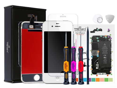 Écran Blanc pour iPhone 4 Trop Saint® - Kit de Réparation avec Patron de Repérage Magnétique, Outils et Verre Trempé