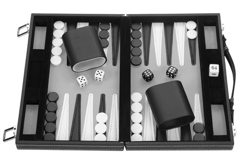 Backgammon de Voyage 28 cm dans Une Valise, feutres et Simili Cuir surpiqués Noir Blanc Gris…
