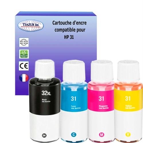 4 bouteilles encres compatibles avec HP 32/31 pour HP Smart Tank 450 (Noire+Couleur) - T3AZUR