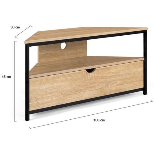 Meuble TV D’Angle ELI 110 Cm IDMarket – Bois Hêtre & Portes Noires, Gain De Place Moderne