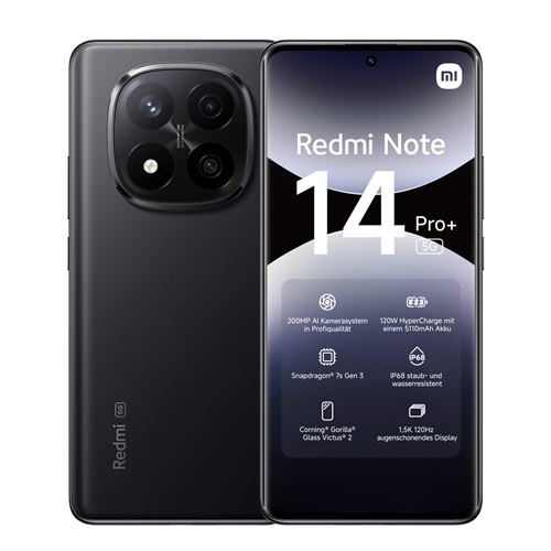 Xiaomi Redmi Note 14 Pro+ - 5G smartphone - double SIM - RAM 12 Go / Mémoire interne 512 Go - écran OEL - 6.67 - 2712 x 1220 pixels (120 Hz) - 3 x caméras arrière 200 MP, 8 MP, 2 MP - front camera 20 MP - noir minuit