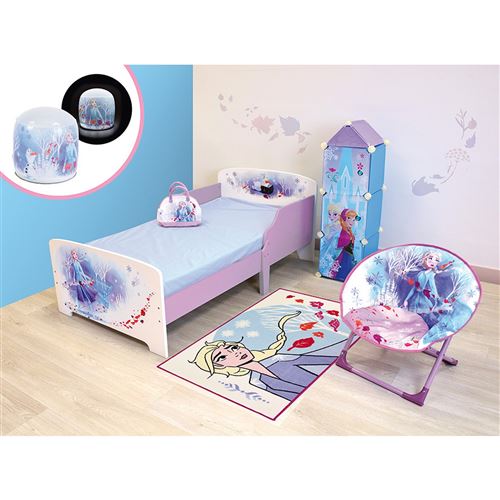Chambre complète 6 en 1 Reine des Neiges 2 Disney = lit + sac de -bowling- + siège lune + lampe gonflable + tapis + étagère 3 casiers