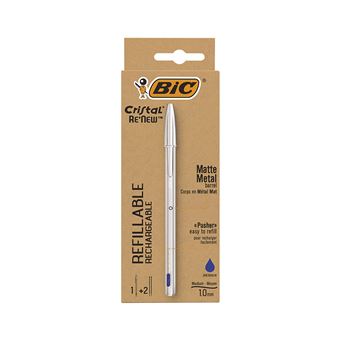 Stylo à bille rechargeable Bic Cristal Re’new à encre bleue et 2 cartouches
