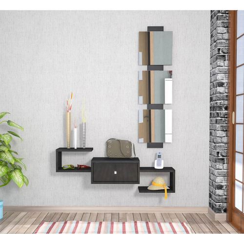 HOMEMANIA Dorado Toegangskast- met Spiegel, Lade, Planken - Glanzend zwart in hout, PVC, 100 x 30 x 19 cm