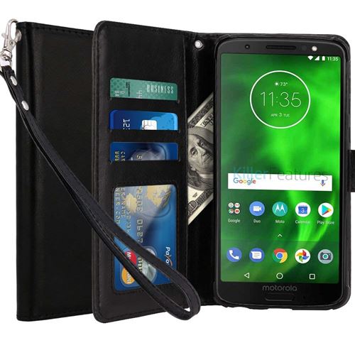Motorola G6 Housse Coque Etui de luxe Portefeuille Porte Carte Et Billet (avec support integré) Noir