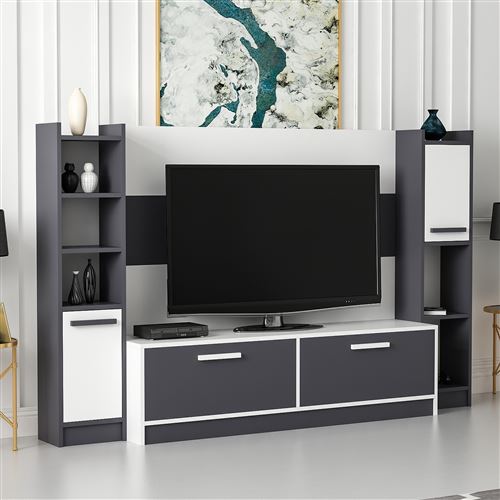HOMEMANIA Meuble TV Talisa Moderne - avec Portes, Étagères - pour Salon - Blanc, Anthracite en Bois, 210 x 35 x 130 cm