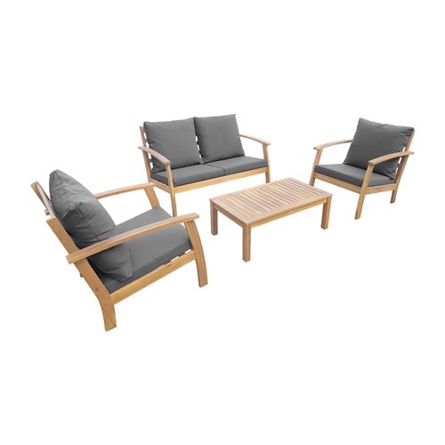 Salon de jardin en bois 4 places - Ushuaïa - Coussins Gris canapé fauteuils et table basse en acacia design
