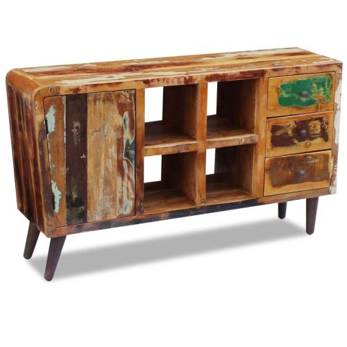 Meelady Buffet Bois de récupération massif Avec porte, 4 compartiments et 3 tiroirs 150 x 40 x 86 cm