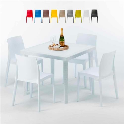 Table Carrée Blanche 90x90cm Avec 4 Chaises Colorées Grand Soleil Set Extérieur Bar Café ROME LOVE, Couleur: Blanc