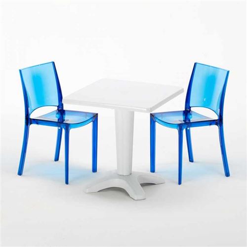 Grand Soleil - Table et 2 chaises colorées polycarbonate extérieurs Grand Soleil Caffè, Chaises Modèle: B-Side Bleu transparent, Couleur de la table: 
