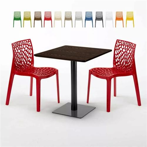 Table carrée 70x70 plateau effet bois avec 2 chaises colorées Gruvyer Melon, Couleur: Rouge