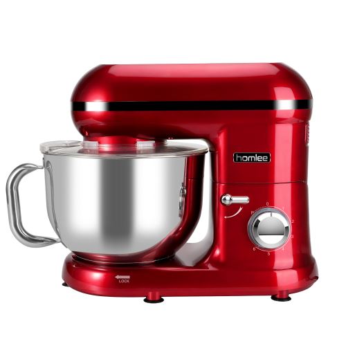 HOMLEE Robot Pâtissier, Robot Petrin, Robot Cuisine Multifonctions, Pétrisseur, Mixeur avec Bol d'Acier inox 5.5L Max 1090W (Rouge)