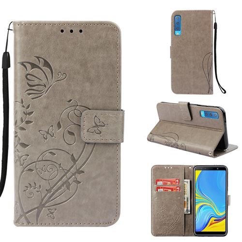 Etui en PU papillon floral gris pour votre Samsung Galaxy A7 (2018)