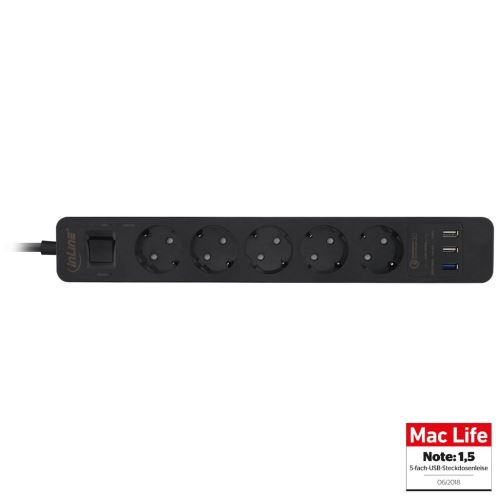 InLine - Coupe-circuit - CA 220-250 V - 4000 Watt - connecteurs de sortie : 5 (3 x USB Type A, 5 x alimentation Type F) - 1.5 m cordon - Allemagne - noir