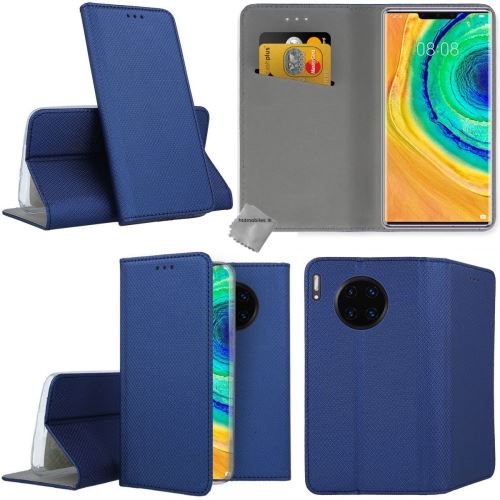 Housse etui portefeuille avec coque intérieure en silicone pour Huawei Mate 30 Pro - film ecran inclus - BLEU MAGNET