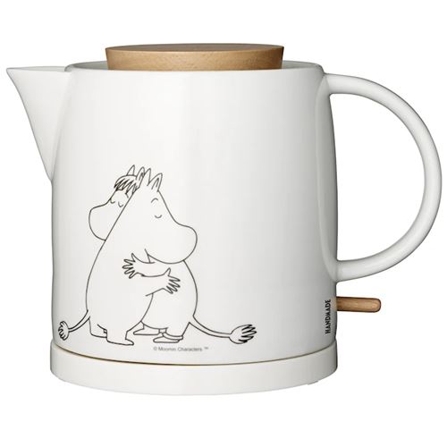 Bouilloire en céramique blanche faite à la main, 1 litre au design de style nordique avec figurine Moomin et avec des détails en bois de 1850-2200W. Cordon et fiche noirs.