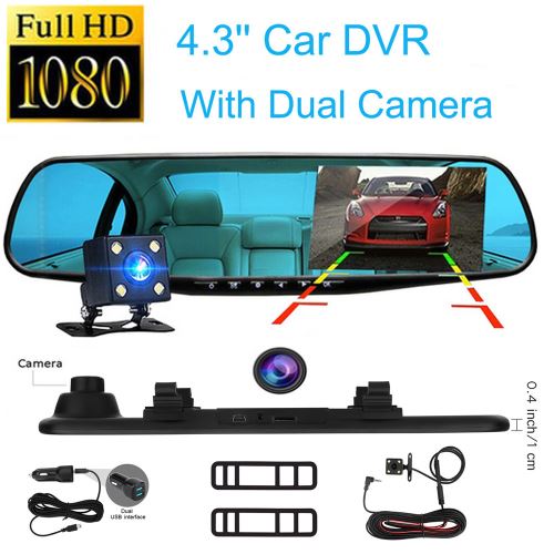 caméra de recul Moniteur de stationnement caméra de voiture LESHP 4.3 pouces 1080P HD enregistreur vidéo iCar pour véhicules Miroir de rétroviseur WJJ- Caméra miroir à double objectif 