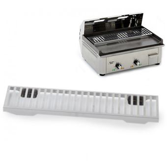 Grille de cuisson tout inox permettant de réserver les aliments déjà cuits, de cuire lentement des tomates à la provençale par exemple pendant que la cuisson des viandes ou poissons