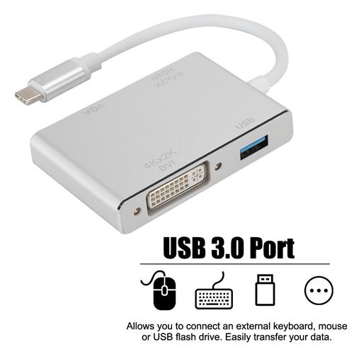 Tonysa Hub USB, 4 en 1 Type-C vers HDMI + VGA + DVI + USB3.0 Port Hub Convertisseur Adaptateur Compacte Support