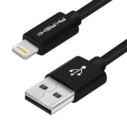 Akashi Câble Lightning / USB iPhone, iPod, iPad Nylon Tressé Noir